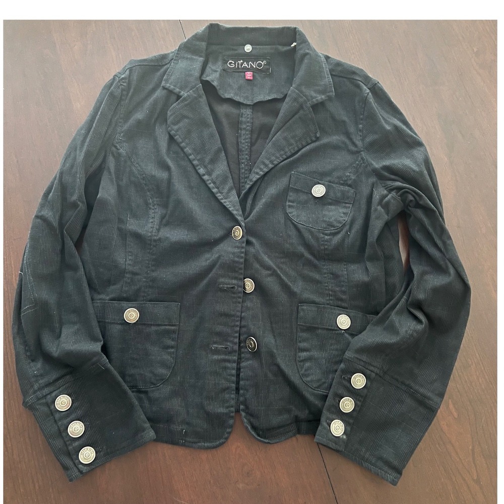 Gitano Black Corduroy Blazer Jacket Womens XL Button Front Stretch Utility Cuffs